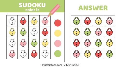 Sudoku para colorear. Cierra en forma de corazón. Sudoku con cuatro cerraduras. Juego para niños. Caricatura, Vector, eps 10