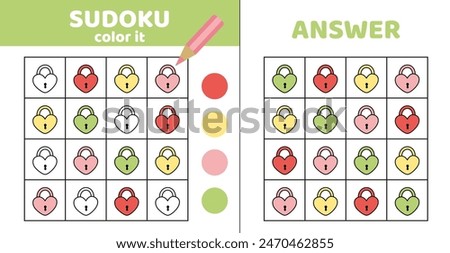 Coloring sudoku. Lock in form of heart. Sudoku with four locks. Game for children. Cartoon, vector, eps 10