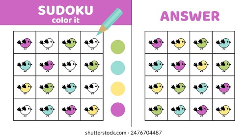 Sudoku para colorear. Anidamiento. Sudoku con cuatro polluelos. Juego para niños. Caricatura, Vector, eps 10