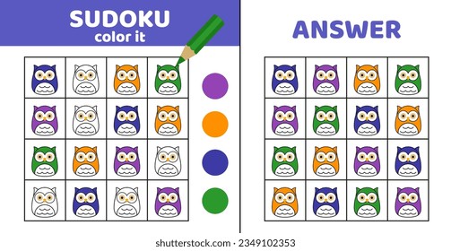 Coloring sudoku with owl. Sudoku. Owl. Game for children. Squishmallow. Cartoon, flat, vector, eps 10