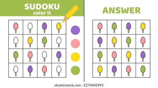 Coloring sudoku with popsicle ice cream. Sudoku with ice cream. Game for children. Cartoon, flat, vector, eps 10