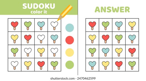 Sudoku para colorear. Helado de helado. Sudoku con cuatro helados de corazón. Juego para niños. Caricatura, Vector, eps 10