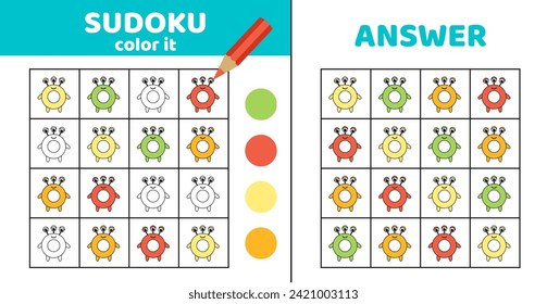 Coloring sudoku with round alien. Sudoku. Alien. Game for children. Cartoon, vector, eps 10