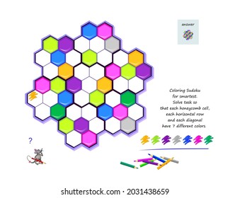 Coloring Sudoku for smartest. Solve task so that each honeycomb cell, each horizontal row and each diagonal have 7 different colors. Logic puzzle game. Play online. Page for kids brain teaser book.