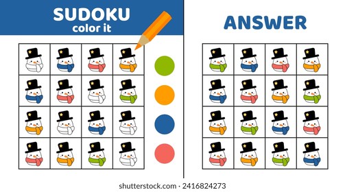 Coloring sudoku with snowman in scarf. Sudoku. Squishmallow snowman. Game for children. Cartoon, kawaii, vector, eps 10