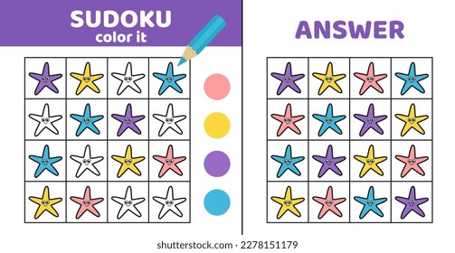 Coloring sudoku with starfish. Sudoku. Sea star. Game for children. Cartoon, flat, vector, eps 10