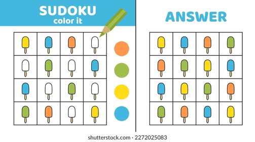 Colorando sudoku con helado de palo. Sudoku con pastel de esquimal. Juego para niños. Dibujo, plano, vector, eps 10