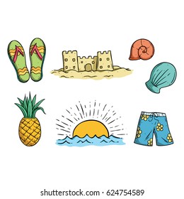 coloring summer collection with shell, sunset and pineapple