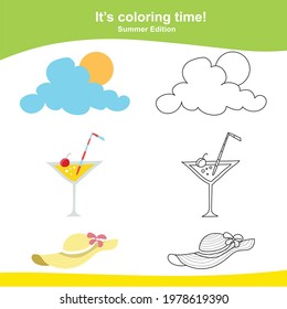 Coloring summer items worksheet page. This worksheet is helping kids improve fine motor skills and train the brain to focus. Educational printable coloring worksheet. Additional worksheet for kids.