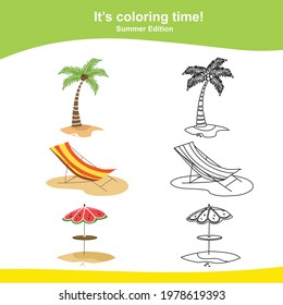 Coloring summer items worksheet page. This worksheet is helping kids improve fine motor skills and train the brain to focus. Educational printable coloring worksheet. Additional worksheet for kids. 
