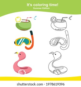 Coloring summer items worksheet page. This worksheet is helping kids improve fine motor skills and train the brain to focus. Educational printable coloring worksheet. Additional worksheet for kids.