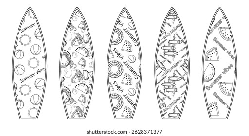 Coloring with summer outline of surfboard set with tropical fruit watermelons, sun and beach balls, and surfs on ocean waves. For entertaining, beach, summertime, activity, sports, and outdoor design.