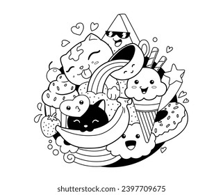 Coloring sweet doodle, ice cream and fruit doodle vector
