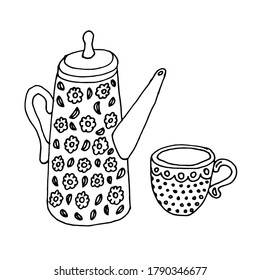 Coloring teapot and cups with abstract patterns.