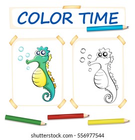 Coloring template with cute seahorse illustration