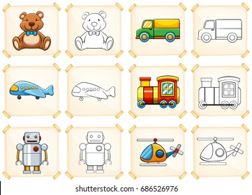 Coloring template for different toys illustration