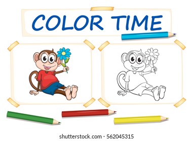 Coloring template with monkey and flower illustration
