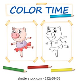 Coloring template with pig in ballet dress illustration
