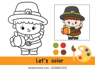 Colorear acción de gracias Niño peregrino con el contorno de calabaza lindo Vector. Series: Páginas de actividades para niños Festival de la cosecha de dibujos animados de Kawaii. Temporada Otoño bebé otoño niño. Perfecto pedir un deseo para la fiesta infantil