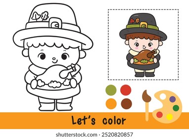 Colorear acción de gracias Niño peregrino con pollo asado contorno lindo Vector. Series: Páginas de actividades para niños Festival de la cosecha de dibujos animados de Kawaii. Temporada Otoño bebé otoño niño. Perfecto pedir un deseo para el niño 