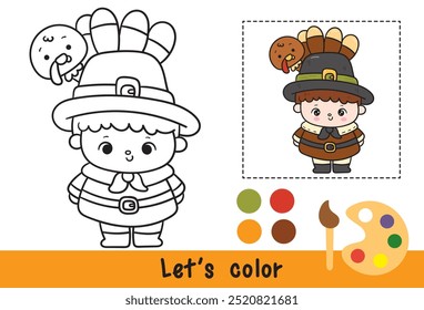 Coloring Thanksgiving Pilgrim Boy mit Truthahn Vogel Umriss niedlichen Vektor. Serie: Aktivitätsseiten für Kinder Kawaii Cartoon Harvest Festival. Saison Herbst Baby Herbst Kind. Perfekt machen einen Wunsch für Kind.