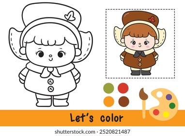 Colorear el Vector lindo del contorno de la muchacha del peregrino de acción de gracias. Series: Páginas de actividades para niños Festival de la cosecha de dibujos animados de Kawaii. Temporada Otoño bebé otoño niño. Perfecto para pedir un deseo para la fiesta infantil.