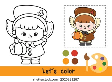 Colorear acción de gracias niña peregrina con Vector lindo de contorno de calabaza. Series: Páginas de actividades para niños Festival de la cosecha de dibujos animados de Kawaii. Temporada Otoño bebé otoño niño. Perfecto pedir un deseo para la fiesta infantil