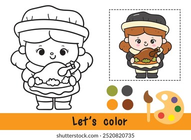 Colorear acción de gracias niña peregrina con pollo asado contorno lindo Vector. Series: Páginas de actividades para niños Festival de la cosecha de dibujos animados de Kawaii. Temporada Otoño bebé otoño niño. Perfecto pedir un deseo para el niño