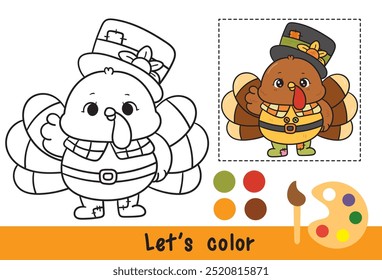 Coloring thanksgiving turkey cute vector. Series: Activity pages for kids Kawaii animal (Bird cartoon) Harvest festival. Season Autumn baby fall child. Perfect make a wish for child party.