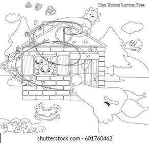 Coloring three little pigs 10: blowing wolf and bricks house