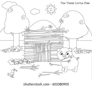 Coloring three little pigs 5 the sticks house vector