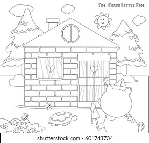 Coloring three little pigs 8: bricks house finished vector