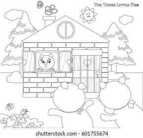 Coloring three little pigs 9: scared piglets going to bricks house