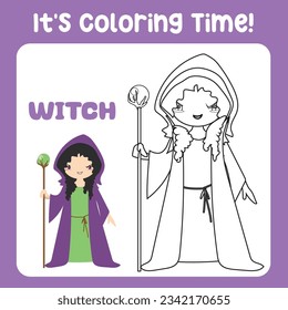 It's coloring time a fairy tale medieval kingdom black and white an evil witch in a cloak holding a wand. Vector outline fantasy monarch kingdom. Medieval fairytale an evil witch cartoon character. 