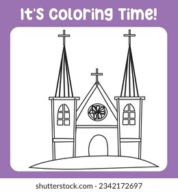 It's coloring time a fairy tale medieval kingdom  black and white the church. Vector outline fantasy monarch kingdom. Medieval the kingdom church in vector. 