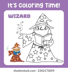 It's coloring time a fairy tale medieval kingdom monochrome a male sorcerer or wizard reading the spell book. Vector outline fantasy monarch kingdom. Medieval fairytale a male sorcerer or wizard