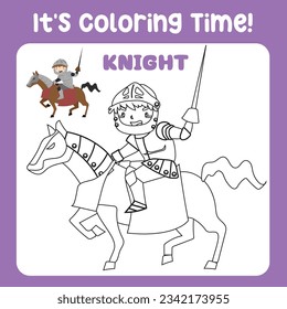 It's coloring time a fairy tale medieval kingdom black and white the cute knight riding horse in armour and holding a sword. Vector outline fantasy monarch kingdom. Medieval fairytale a knight cartoon