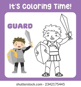 It's coloring time a fairy tale medieval kingdom black and white the cute knight in armour and holding a sword and shield. Vector outline fantasy monarch kingdom. Medieval fairytale a kingdom’s guard 