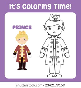 It's coloring time a fairy tale medieval kingdom black and white the cute prince in coronation suit. Vector outline fantasy monarch kingdom a prince. Medieval fairytale prince character. 