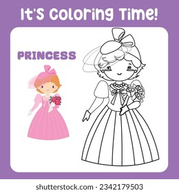 It's coloring time a fairy tale medieval kingdom black and white the cute princess in pink dress holding a bouquet of flower. Vector outline fantasy monarch kingdom a princess. Fairytale princess 