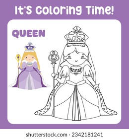 It's coloring time a fairy tale medieval kingdom monochrome the queen in purple dress with sceptre. Vector outline fantasy monarch kingdom a queen in crown and mantle. fairytale queen cartoon