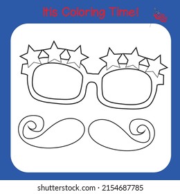 It’s coloring time worksheet. Colouring book with 4th July theme. America Independence Day worksheet. Vector illustrations. Motoric skill for children.