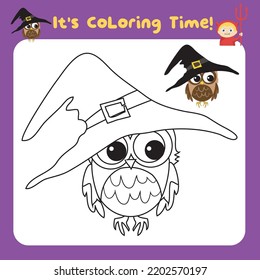 It’s coloring time worksheet. Halloween worksheet page. Fun activity for kids. Vector illustration. Coloring page Halloween theme. Coloring activity kit for toddlers. Printable coloring page 