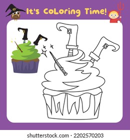 It’s coloring time worksheet. Halloween worksheet page. Fun activity for kids. Vector illustration. Coloring page Halloween theme. Coloring activity kit for toddlers. Printable coloring page 