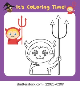 It’s coloring time worksheet. Halloween worksheet page. Fun activity for kids. Vector illustration. Coloring page Halloween theme. Coloring activity kit for toddlers. Printable coloring page 