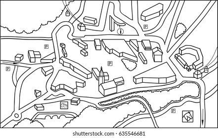 Coloring town map with roads and buildings.