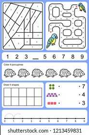 coloring, tracking, matching and drawing object of number - Worksheet for education