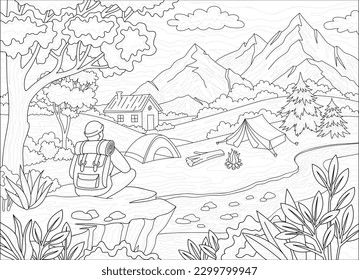Coloring travel book. Antistress drawing for adults and children in zen tangle style. Sketch with man in nature. Landscapes, mountains, camping concept. Black and white flat vector illustration