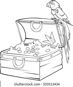 Coloring with treasure and macaw parrot