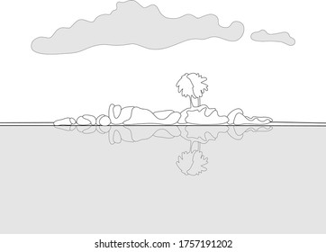 Coloring of tropical island on the background of water and sky